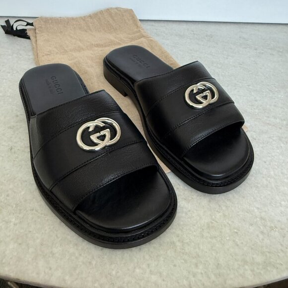 GUCCI 777849 MEN'S BLACK LEATHER INTERLOCKING G SANDALS, Gucci sz 7.5 (US 8) - Picture 3 of 13